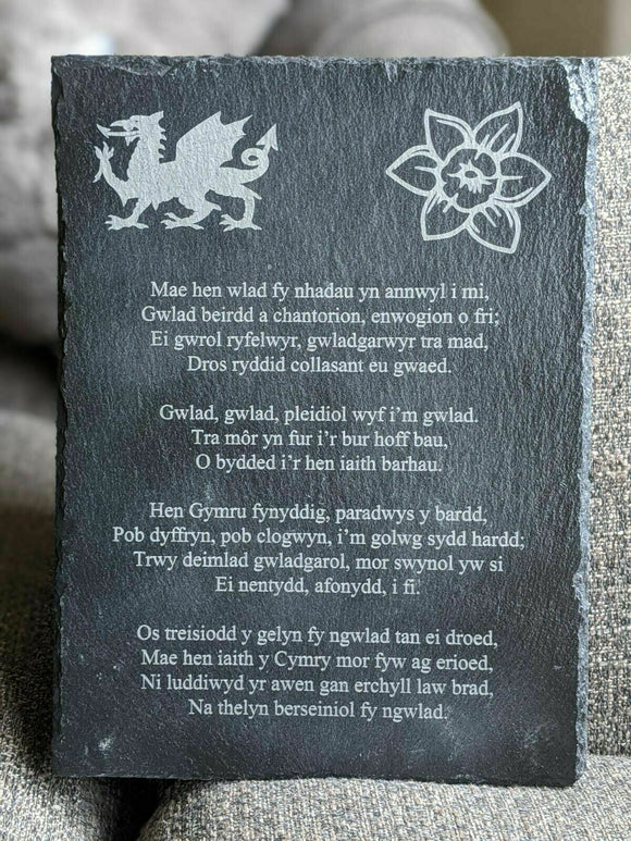 Wales Slate Plaque with Welsh National Anthem Daffodil Detail
